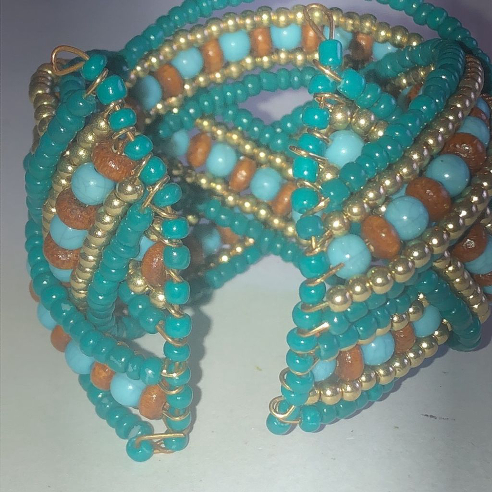 Teal & Tan Wooden Seed Bead Beaded Criss Cross Boho Cuff Bracelet - Picture 6 of 7
